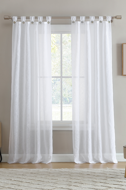 Sheer Fan Tab Top with Faux Mother of Pearl Button Window Curtain, 2 Panels 38" width x 84" length