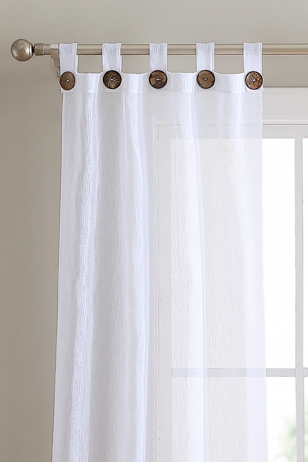 Sheer Tab Top with Coconut Large Button Window Curtain, 2 Panels 38" width x 84" length