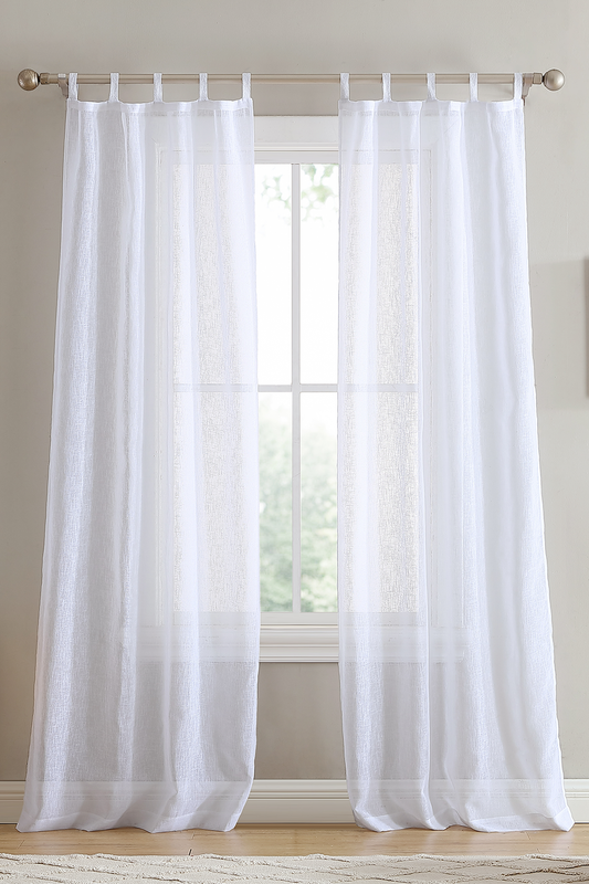 Sheer with White Braided Tab Top Window Curtain, 2 Panels 38" width x 84" length