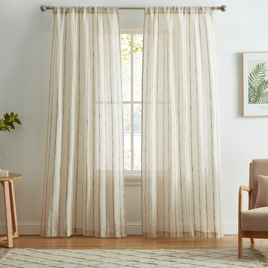 Linen Blend Stripe Window Curtain, 2 Panels 38" width x 96/108" length