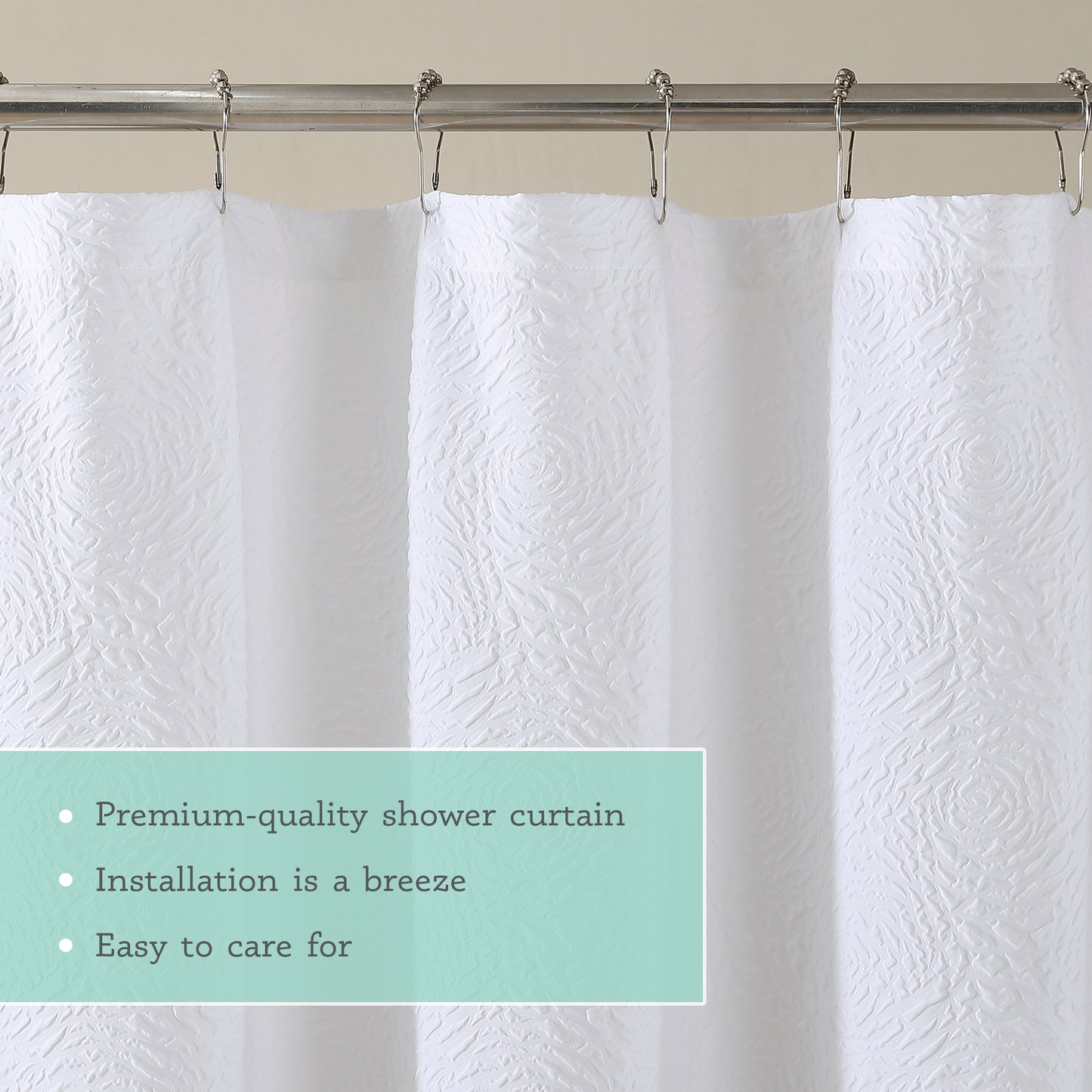 Kat&Fun Fabric Shower Curtain, Floral Textured 3D Embossed Design, 72in x 72in, Solid White