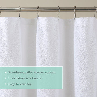 Kat&Fun Fabric Shower Curtain, Floral Textured 3D Embossed Design, 72in x 72in, Solid White