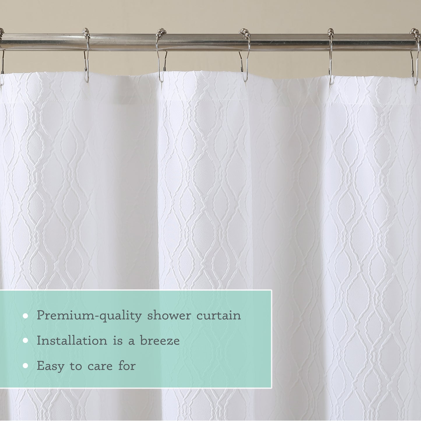 Kat&Fun Fabric Shower Curtain, Diamond Textured 3D Embossed Design, 72in x 72in, Solid White